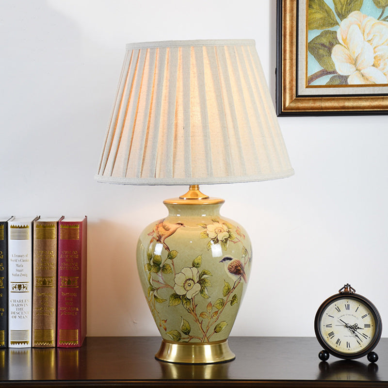 Traditional Chinese Drum Ceramic Fabric 1-Light Table Lamp For Living Room