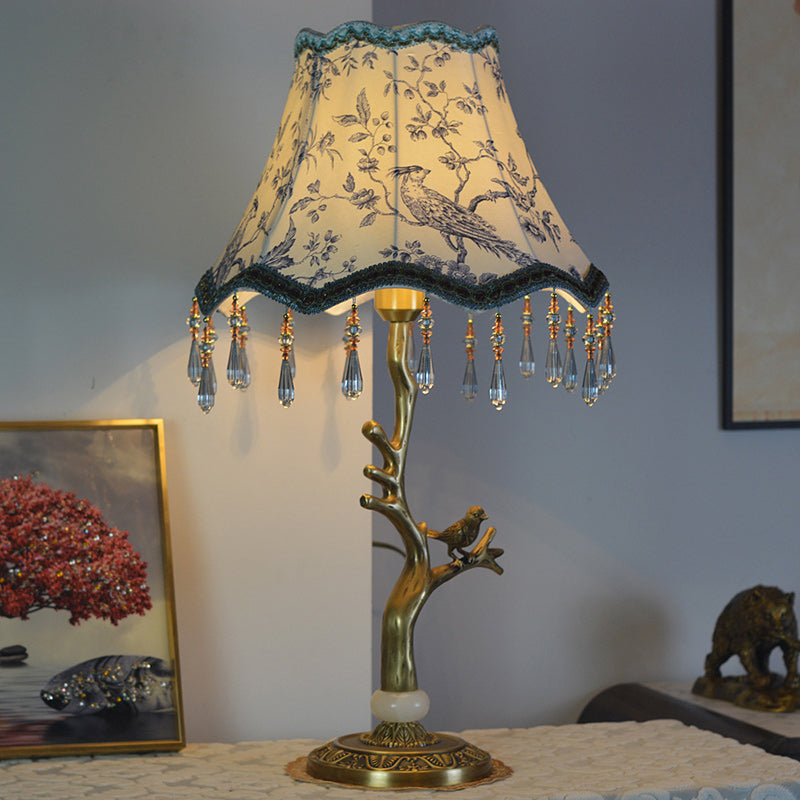 Traditional Vintage Root Base Bird Copper Fabric 1-Light Table Lamp For Bedroom
