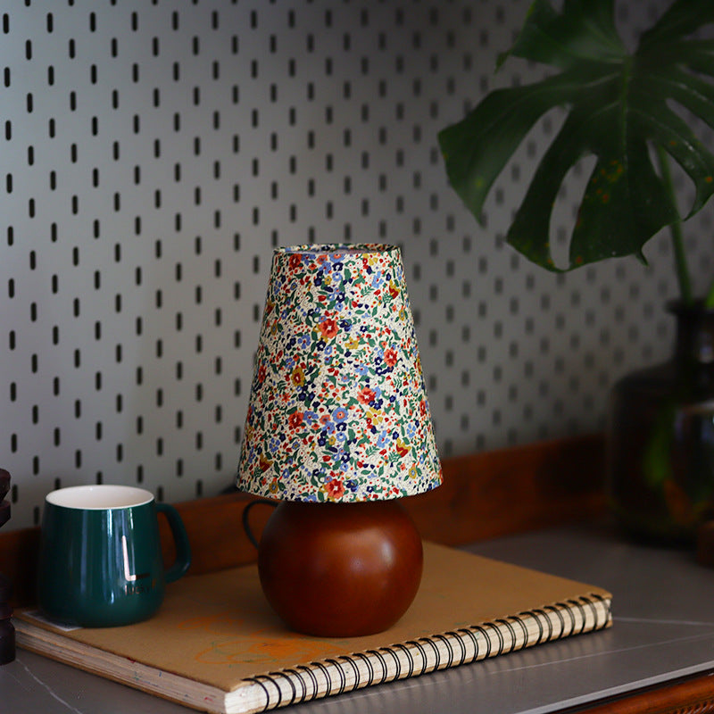 Traditional Vintage Cylinder Ball Round Table Floral Solid Wood Fabric 1-Light Table Lamp For Bedroom