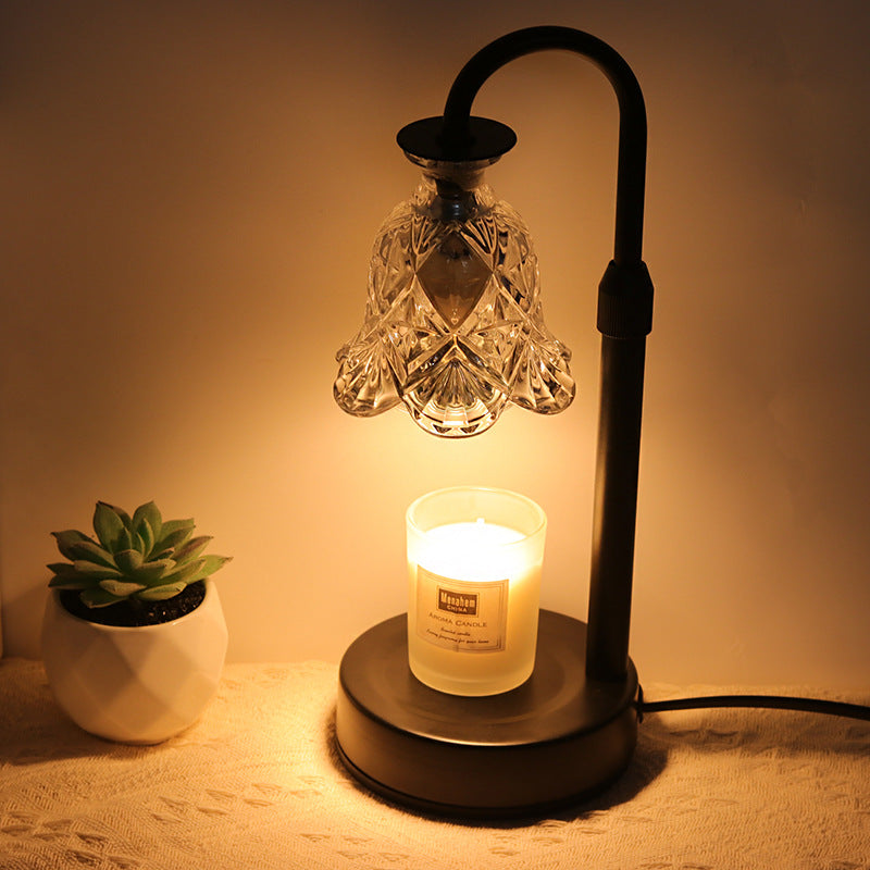 Contemporary Scandinavian Floral Disc Base Iron Wood Glass 1-Light Melting Wax Table Lamp For Bedroom