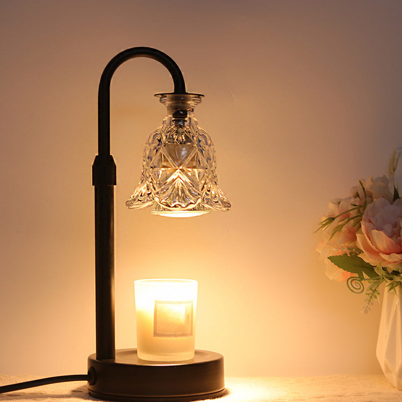 Contemporary Scandinavian Floral Disc Base Iron Wood Glass 1-Light Melting Wax Table Lamp For Bedroom