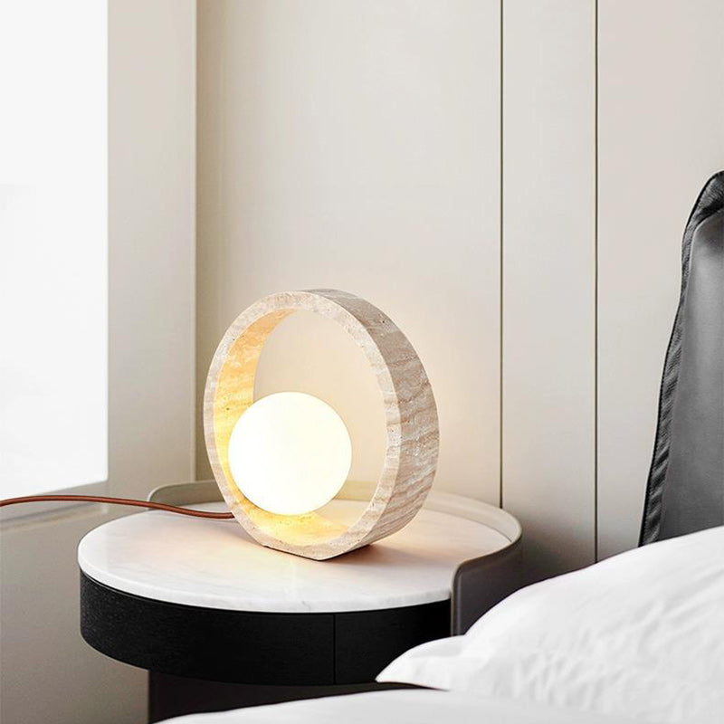 Traditional Vintage Circle Ring Yellow Travertine 1-Light Table Lamp For Bedroom