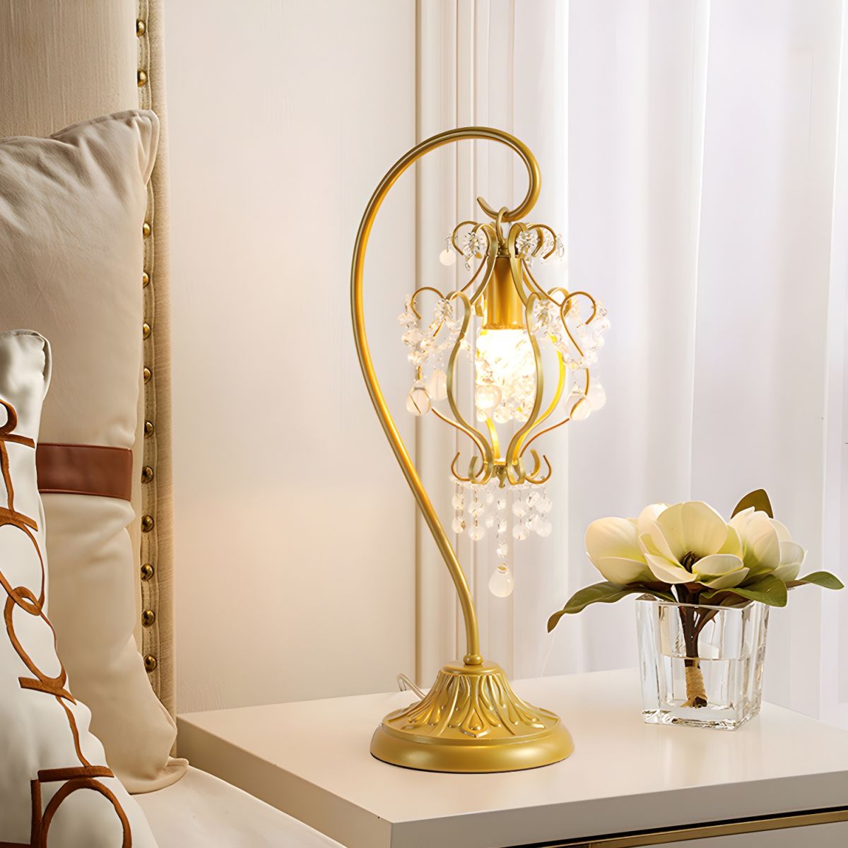 Contemporary Luxury Curved Iron Frame Crystal Decoration 1-Light Table Lamp For Bedroom