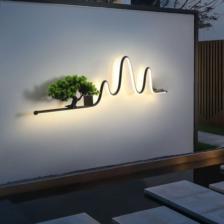 Contemporary Creative Aluminum Arc Linear PVC Simulated Pine Wood LED Waterproof Outdoor Wall Sconce Lamp For Garden