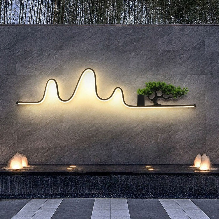 Contemporary Creative Aluminum Arc Linear PVC Simulated Pine Wood LED Waterproof Outdoor Wall Sconce Lamp For Garden