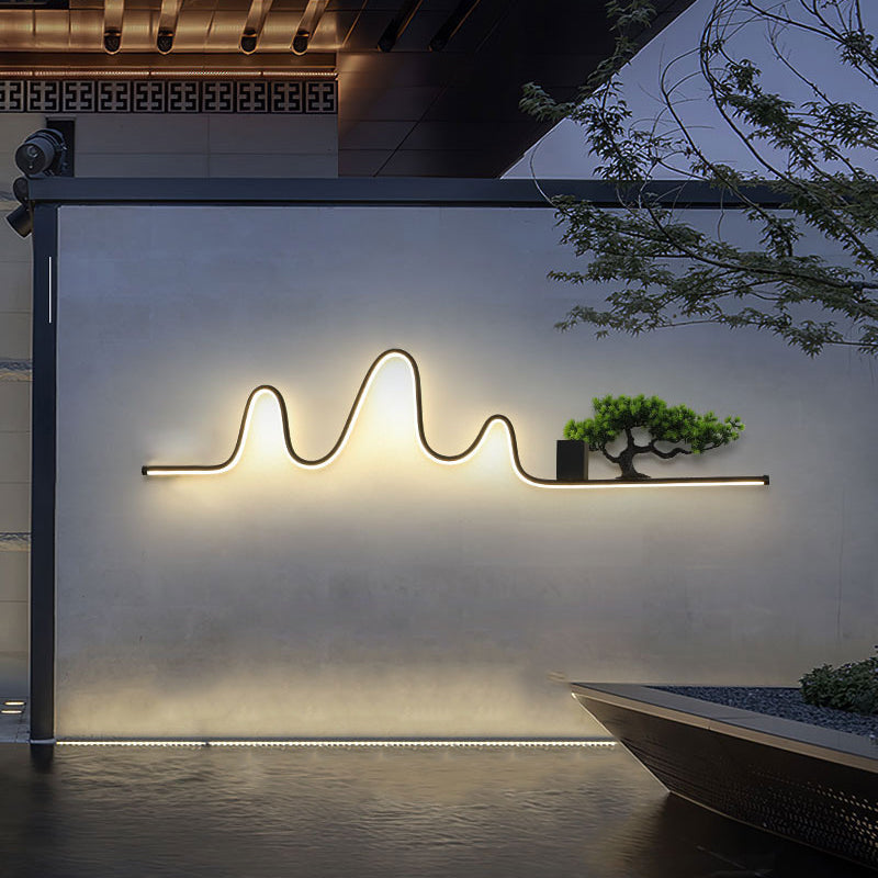 Contemporary Creative Aluminum Arc Linear PVC Simulated Pine Wood LED Waterproof Outdoor Wall Sconce Lamp For Garden