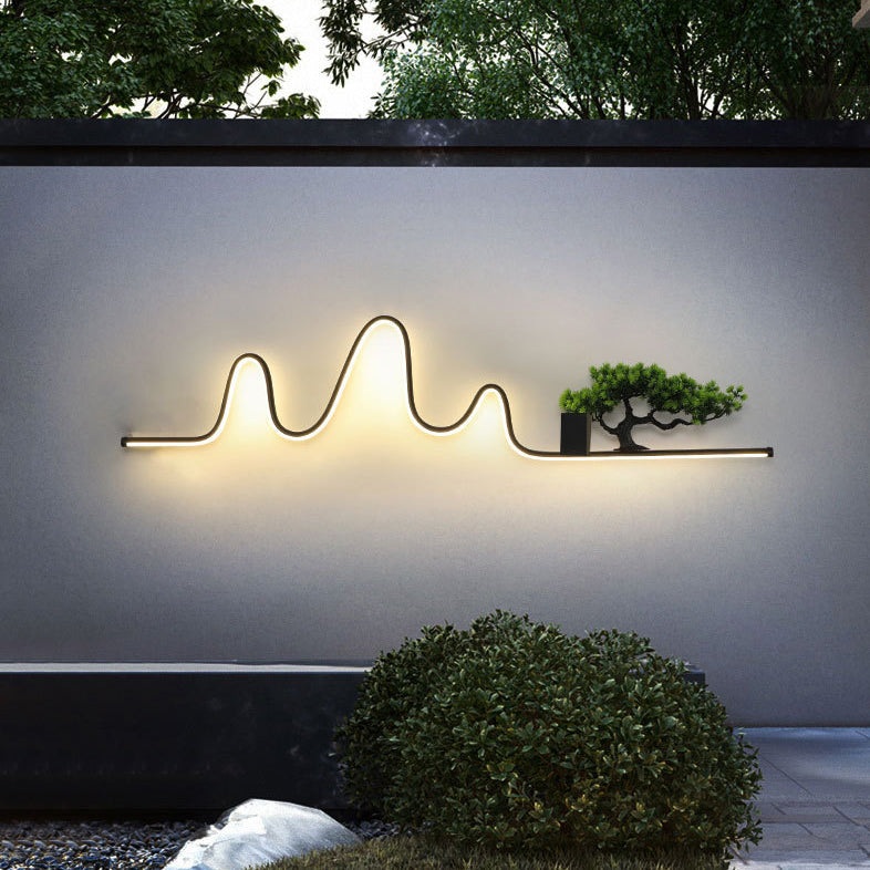 Contemporary Creative Aluminum Arc Linear PVC Simulated Pine Wood LED Waterproof Outdoor Wall Sconce Lamp For Garden