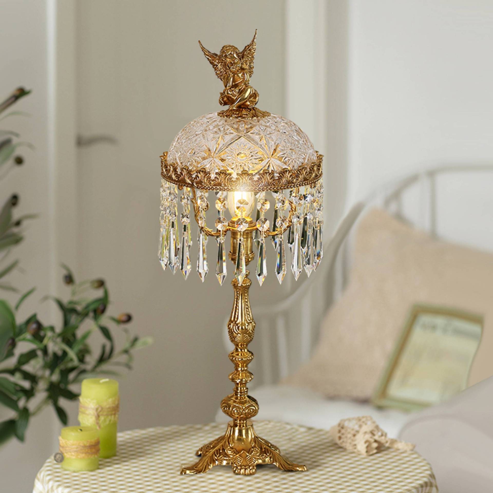 Contemporary Creative Antique Brass Carved Base Glass Crystal Shade 1-Light Table Lamp For Study