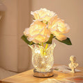 Modern Art Deco Artificial Rose Flower Glass Bottle Base LED Table Lamp For Bedroom
