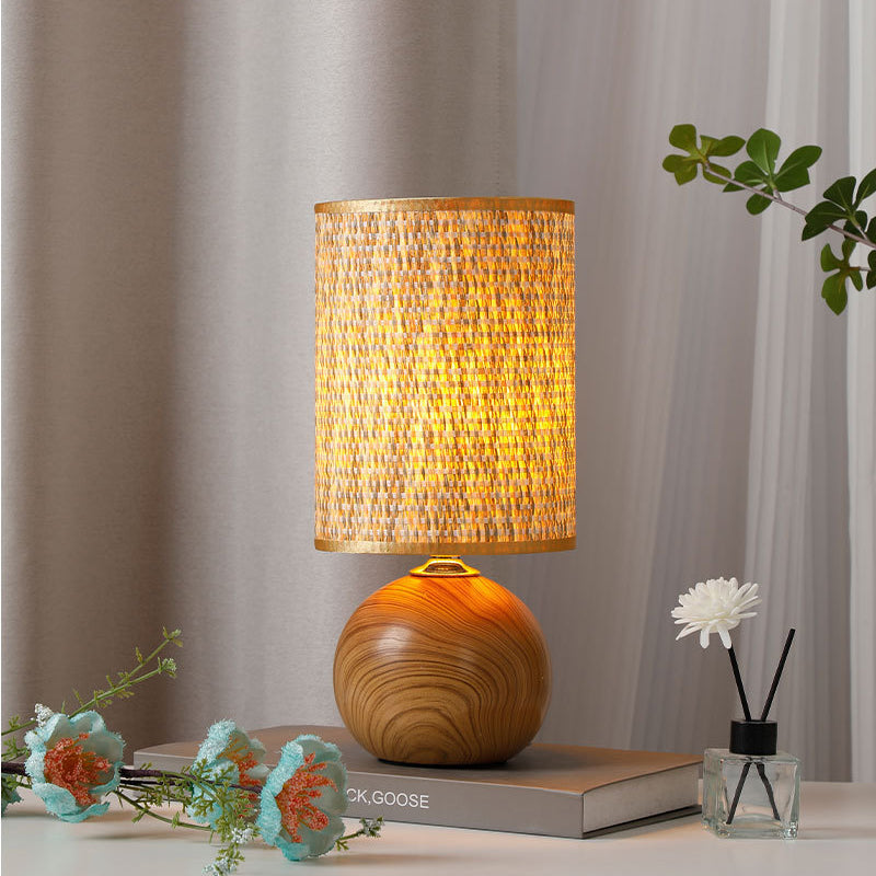 Contemporary Boho Fabric Cylinder Shade Ceramic Base 1-Light Table Lamp For Study