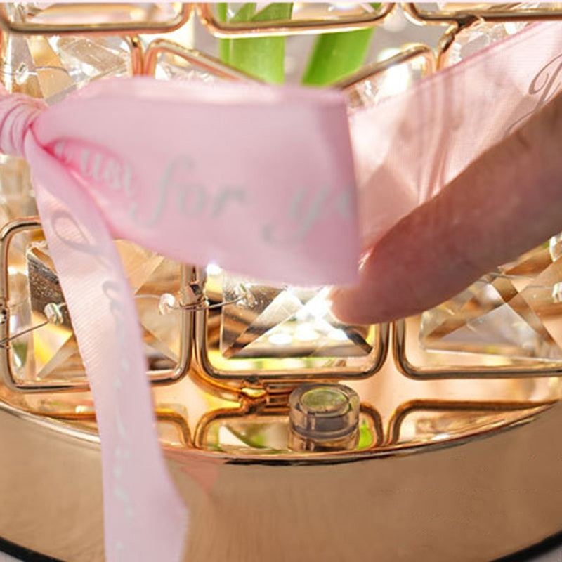 Modern Art Deco Simulated Fabric Rose Flower Crystal Square Hardware USB Rechargeable LED Table Lamp Night Light For Bedroom