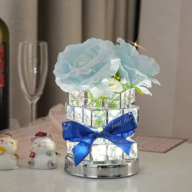 Modern Art Deco Simulated Fabric Rose Flower Crystal Square Hardware USB Rechargeable LED Table Lamp Night Light For Bedroom
