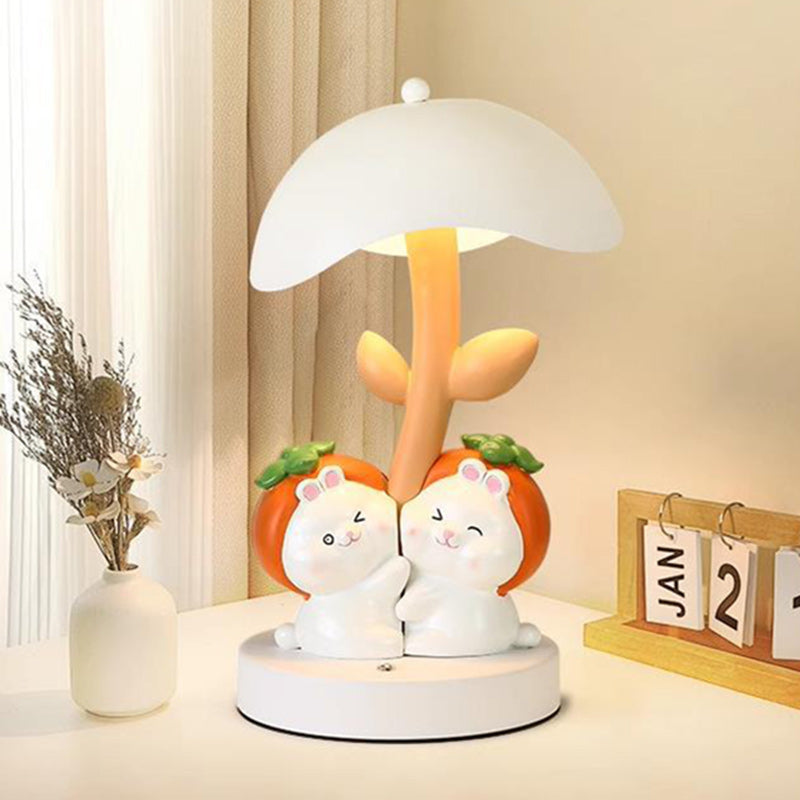 Contemporary Creative Resin Rabbit Decor Iron Mushroom Shade LED Night Light Table Lamp For Bedroom