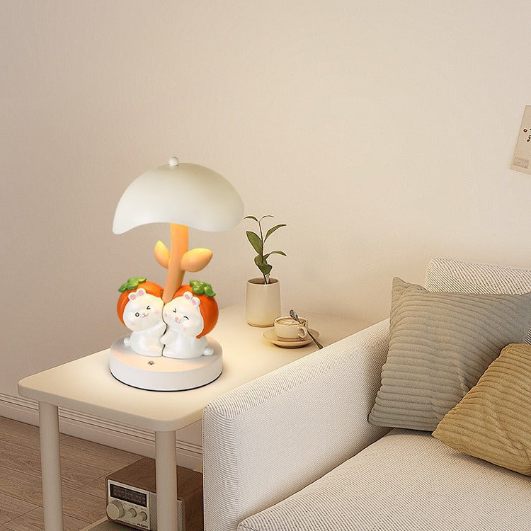 Contemporary Creative Resin Rabbit Decor Iron Mushroom Shade LED Night Light Table Lamp For Bedroom