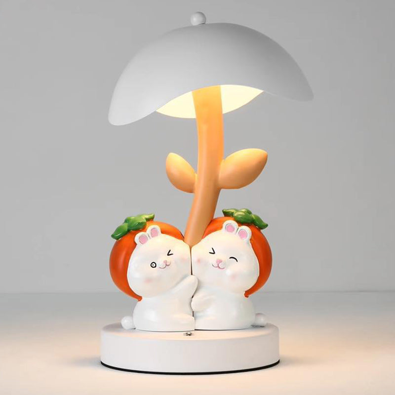 Contemporary Creative Resin Rabbit Decor Iron Mushroom Shade LED Night Light Table Lamp For Bedroom