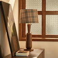 Traditional Colonial Plaid Fabric Round Shade Solid Wood Column Base 1-Light Table Lamp For Bedroom