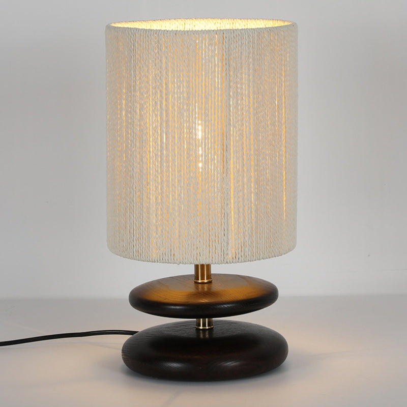 Modern Mid-Century Round Cylindrical Ash Wood Paper Rope Hardware 1-Light Table Lamp For Bedroom
