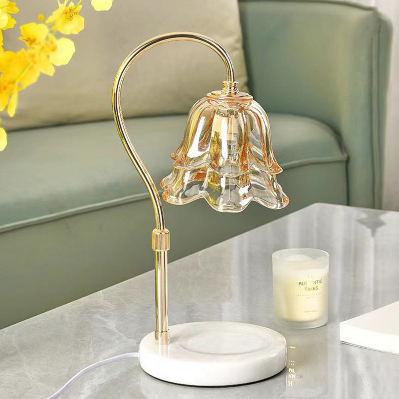Modern Art Deco Liftable Flower Round Marble Iron Glass 2-Light Melting Wax Table Lamp For Bedroom