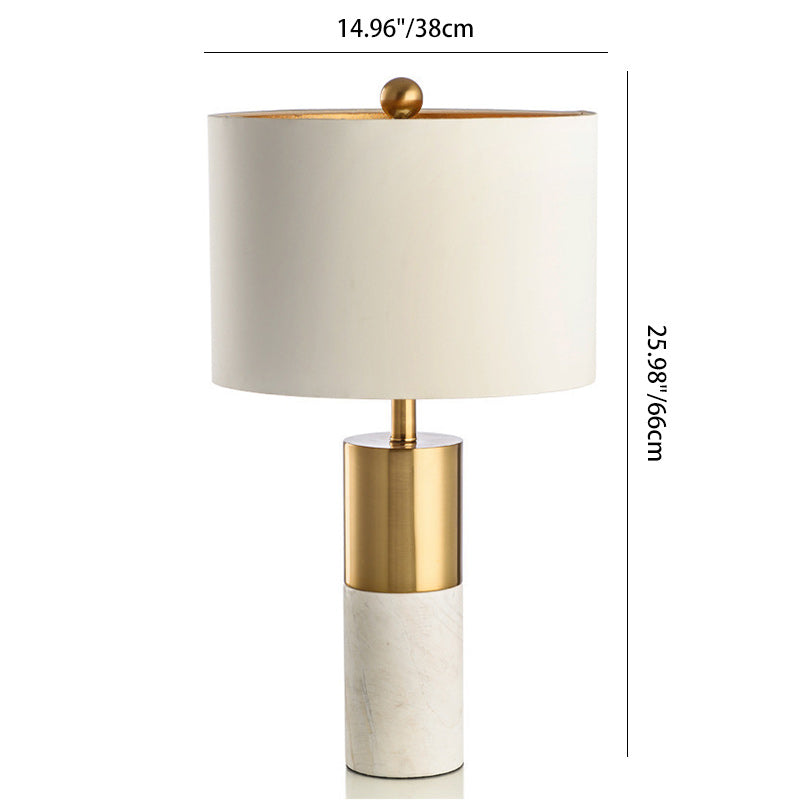 Modern Minimalist Round Cylinder Metal Marble Fabric 1-Light Table Lamp For Bedroom