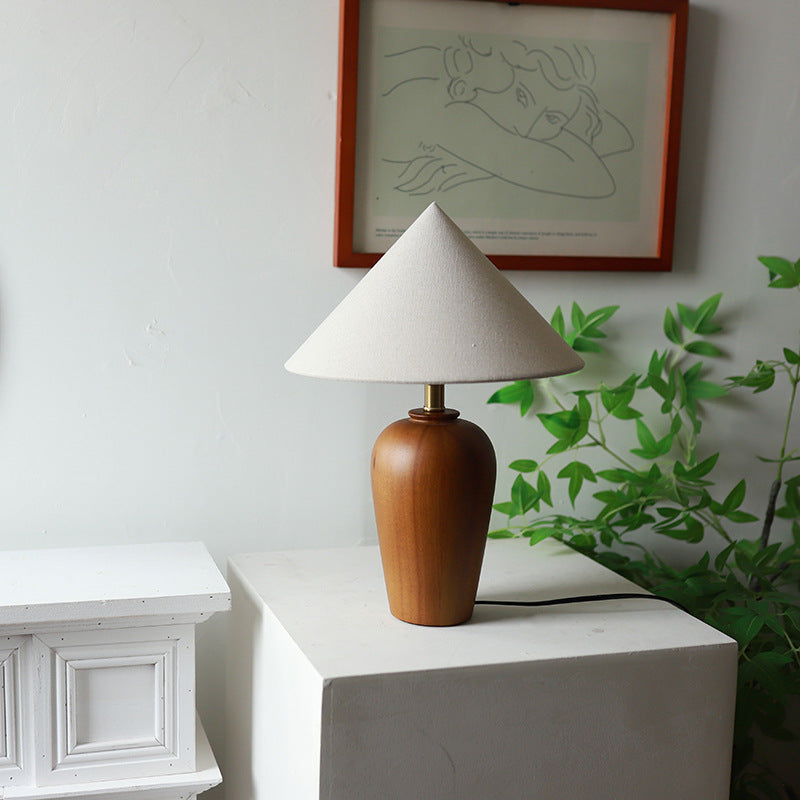 Traditional Vintage Cone Solid Wood Fabric Metal 1-Light Table Lamp For Bedroom