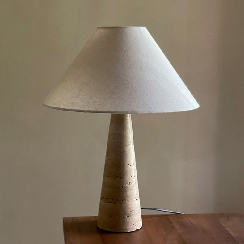 Traditional Vintage Frustum Cone Yellow Travertine Fabric 1-Light Table Lamp For Bedroom