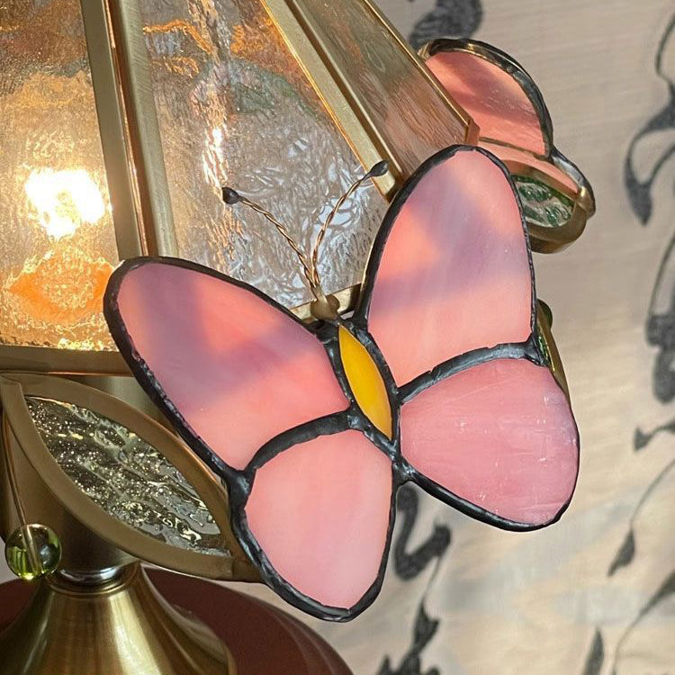 Traditional Vintage Butterfly Cone Glass Metal Solid Wood 1-Light Table Lamp For Bedroom