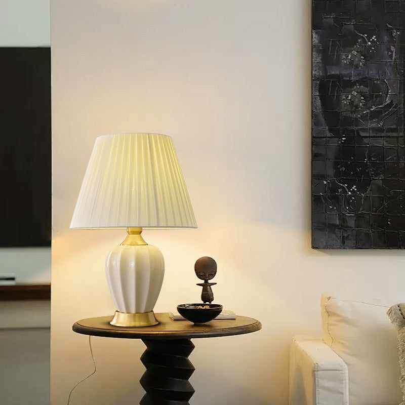 Contemporary Nordic Tapered Fabric Shade Solid Brass Ceramic 1-Light Table Lamp for Bedroom
