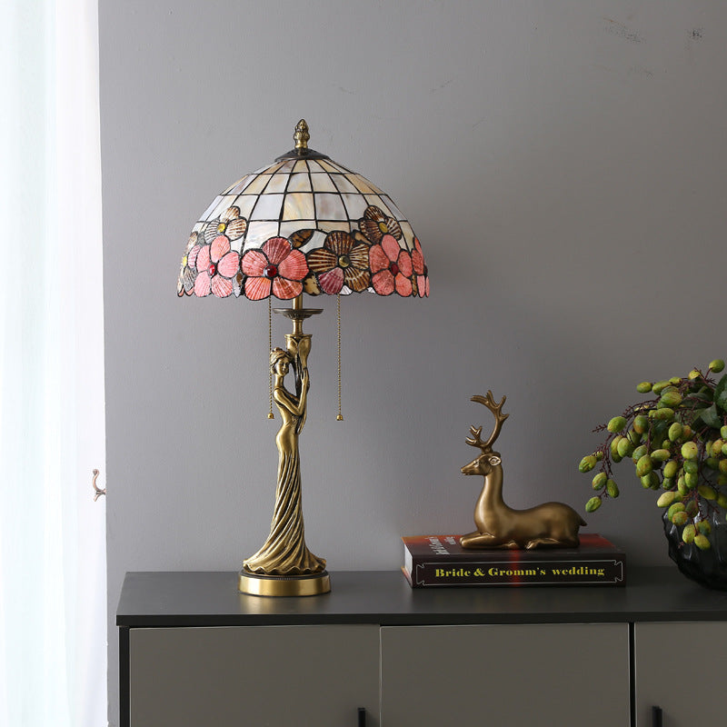 Traditional Tiffany Goddess Dome Copper Shell 1-Light Table Lamp For Bedroom