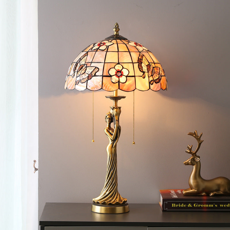 Traditional Tiffany Goddess Dome Copper Shell 1-Light Table Lamp For Bedroom