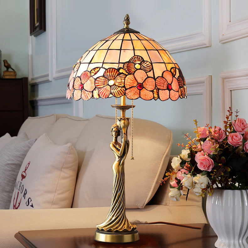 Traditional Tiffany Goddess Dome Copper Shell 1-Light Table Lamp For Bedroom
