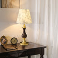 Modern Mid-Century Frustum Cone Copper Black Walnut Wood Fabric 1-Light Table Lamp For Bedroom