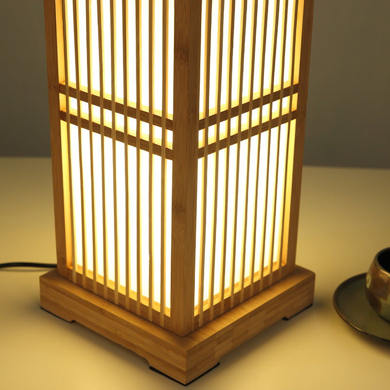 Traditional Japanese Tatami Box-shaped Bamboo 1-Light Table Lamp For Bedroom