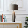 Contemporary Scandinavian Distressed Cylinder Round Fabric Ceramic 1-Light Table Lamp For Living Room