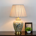 Traditional Chinese Pleated Scalloped Sunflower Double Birds Round Fabric Ceramic 1-Light Table Lamp For Living Room