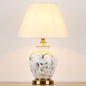 Traditional Chinese Patterned Bird Scalloped Round Fabric Ceramic 1-Light Table Lamp For Living Room