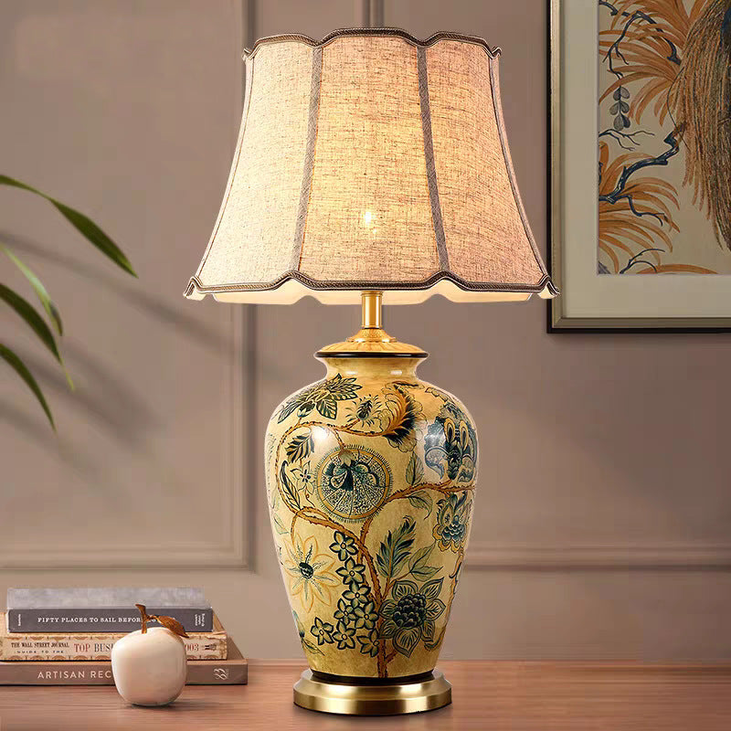 Traditional Vintage Flower Bird Round Distressed Fabric Ceramic 1-Light Table Lamp For Living Room