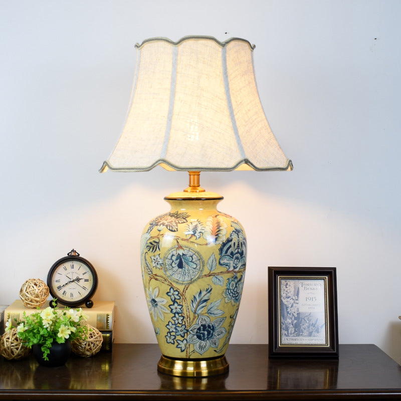 Traditional Vintage Flower Bird Round Distressed Fabric Ceramic 1-Light Table Lamp For Living Room