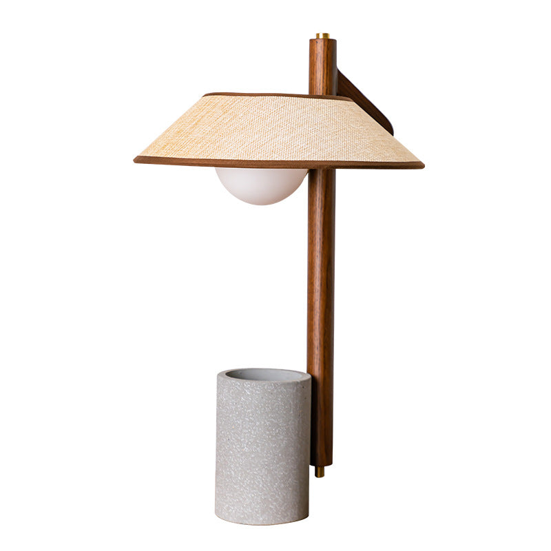 Traditional Vintage Ash Wood Fabric Cement Conic Cylinder Vase 1-Light Table Lamp For Bedroom