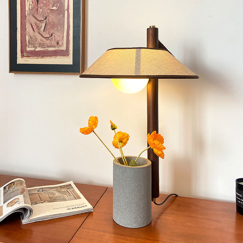 Traditional Vintage Ash Wood Fabric Cement Conic Cylinder Vase 1-Light Table Lamp For Bedroom