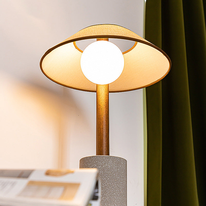 Traditional Vintage Ash Wood Fabric Cement Conic Cylinder Vase 1-Light Table Lamp For Bedroom
