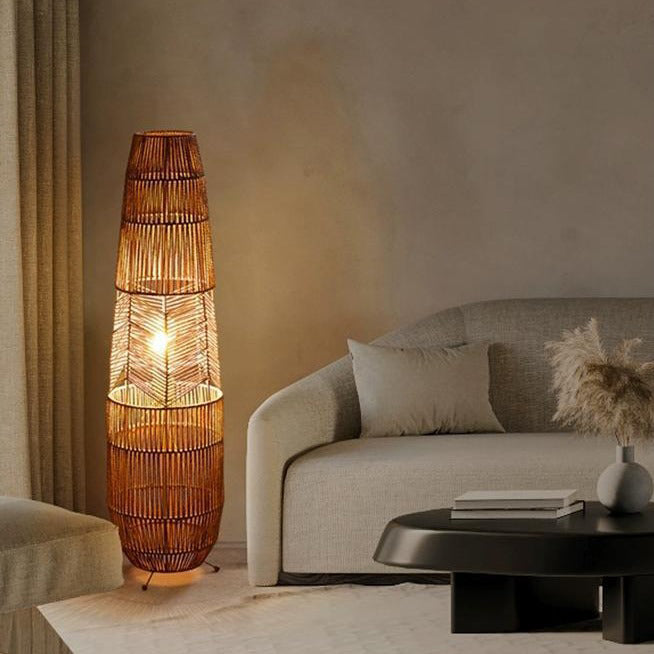 Traditional Japanese Weaving Iron Paper Cord Column Basket 1-Light Standing Floor Lamp For Living Room