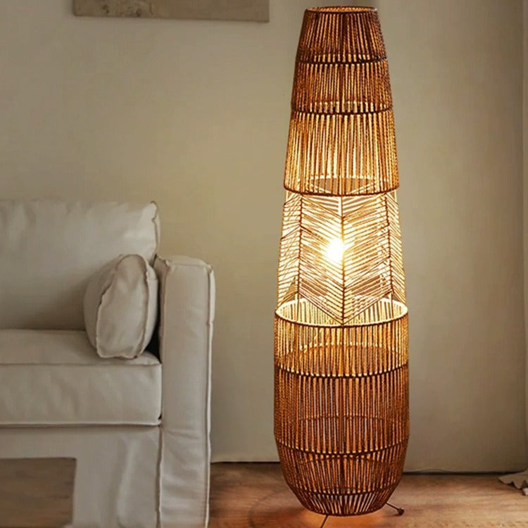 Traditional Japanese Weaving Iron Paper Cord Column Basket 1-Light Standing Floor Lamp For Living Room