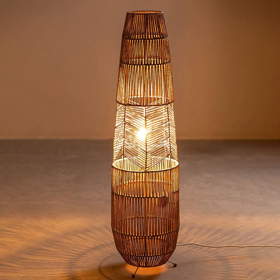 Traditional Japanese Weaving Iron Paper Cord Column Basket 1-Light Standing Floor Lamp For Living Room