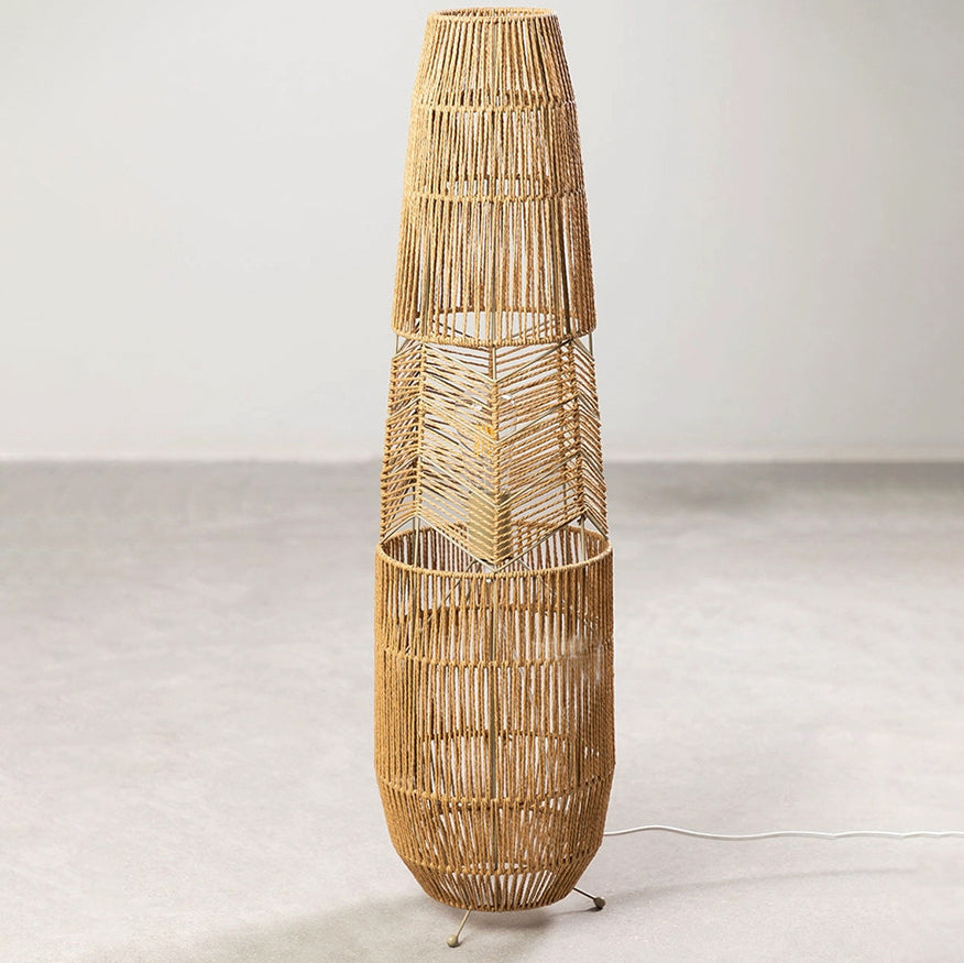 Traditional Japanese Weaving Iron Paper Cord Column Basket 1-Light Standing Floor Lamp For Living Room