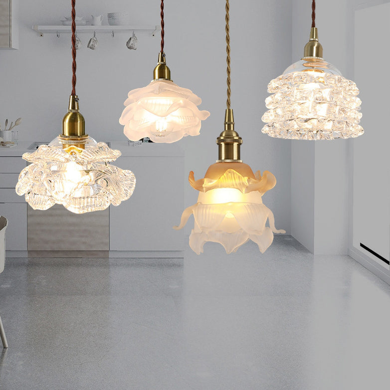 French Copper Glass Rose Pendant Light
