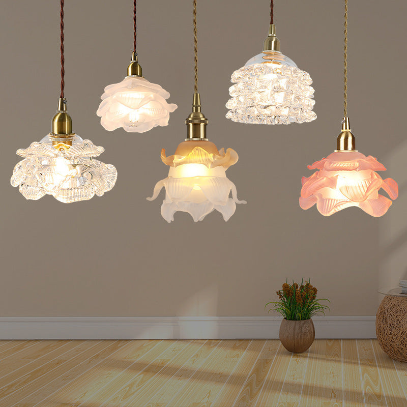 French Copper Glass Rose Pendant Light