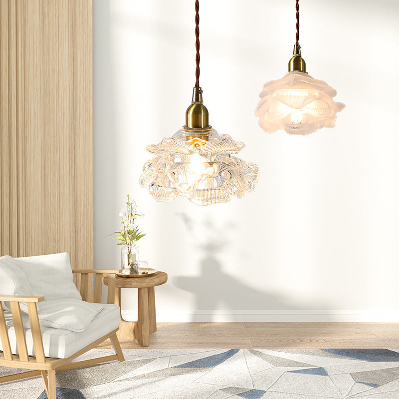 French Copper Glass Rose Pendant Light