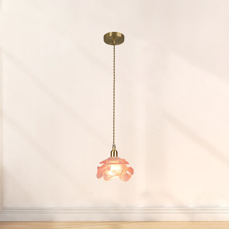 French Copper Glass Rose Pendant Light