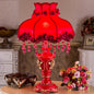Traditional European Fabric Resin Rose Carved Column Beads Wedding Decoration 1-Light Table Lamp For Bedside