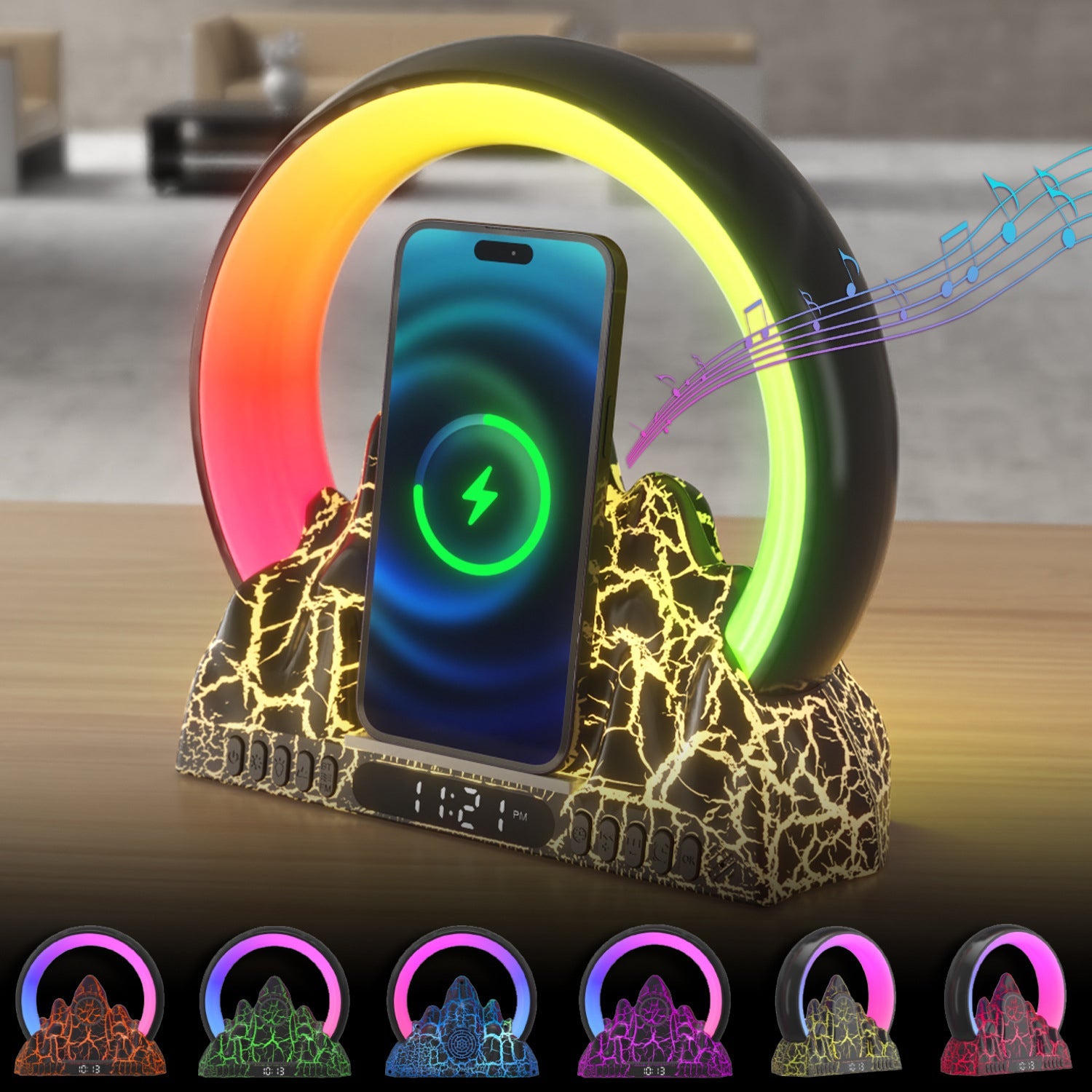 Contemporary Creative ABS Rechargeable Bluetooth Circle Volcano Crackle Clock LED Ambient Light Table Lamp For Bedside